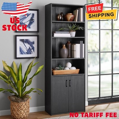 Traditional 5 Shelf Bookcase with Doors, Black Finish