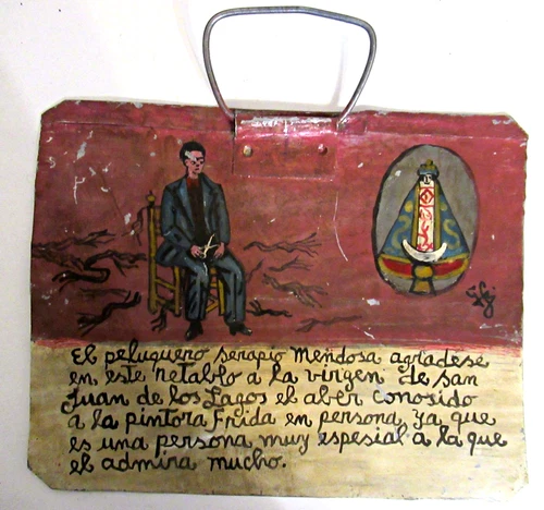 VTG c. 1940s HP MEXICAN TIN RETABLO FRIDA CUTS HAIR; VIRGEN DE SAN JUAN DE LAGOS