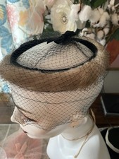 VINTAGE BROWN FUR MINK PILLBOX CIRCLE HAT WITH NETTING Bow