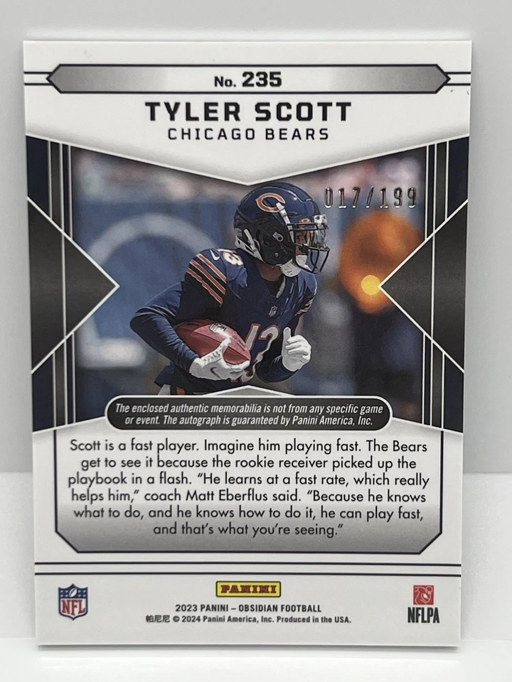 2023 Panini Obsidian #235 Tyler Scott Patch Auto RPA #/199 Rookie Bears - Image 2 of 2