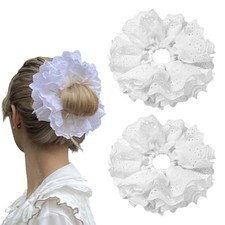 Large Lace Scrunchies for Women, Lace Double Layer Fancy Satin Hair White