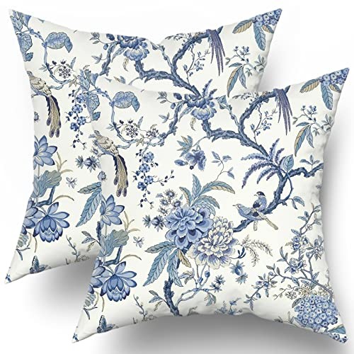 Chinoiserie Pillow Covers 16x16 Inch Set of 2 Blue and White Outdoor Pillows