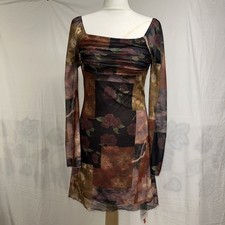 Cider Patchwork Mini Dress With Square Neck Sheer Bell Sleeve & Ruched Front Wel