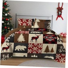 3-Piece Christmas Patchwork Quilt Set Size Deer Bear Snowflake King New Brown