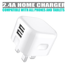  Dual USB Home Charger Mains 3 Pin UK Wall Plug Adapter Charging for Phones Home