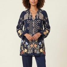 Johnny Was Navy Blue Embroidered Floral Cupra Rayon Tunic Blouse Top Size Small
