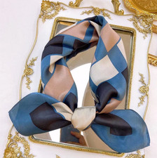 100 Silk Mulberry Scarf Square Blue grid Print Bandann 70X70cm Shawl wrap new