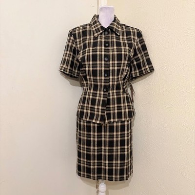 NWT Vintage 80s Brown Plaid Short Sleeve Linen Cotton Skirt Suit Peplum Western