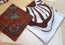 2 Vtg Sally Gee Silk Rayon Lg Scarves White Brown Flower 29"x28" Red Print Poly
