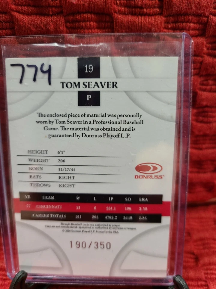 2008 Donruss Playoff Threads TOM SEAVER Jersey Patch Cincinnati Reds #190/350 - Image 2 of 2