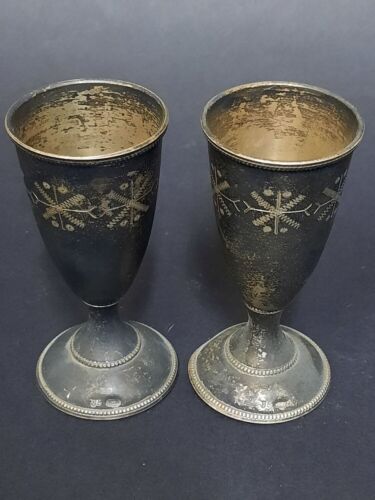 Antique Imperial Pair 2 Silver Cups 875 Russian Soviet USSR Hand Engraving Shot - Zdjęcie 1 z 2
