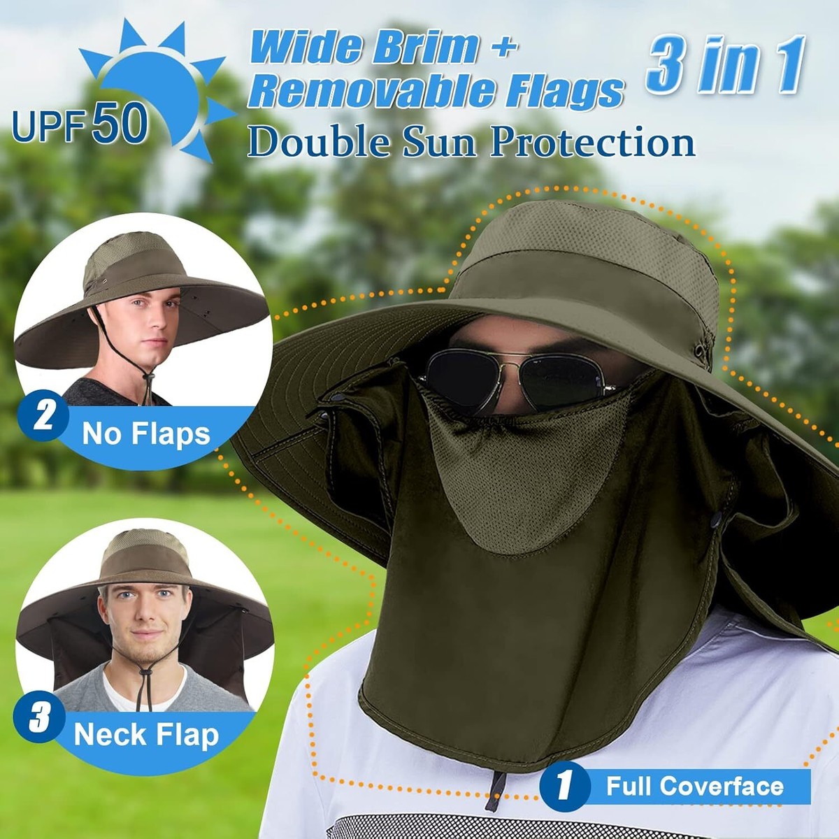 Super Wide Brim Fishing Hat UPF 50+ Sun Safari 6 7/8-7 3/8, Army