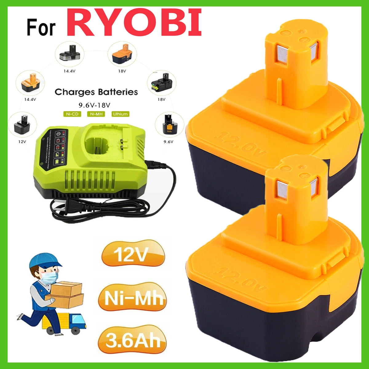 12V For Ryobi 12 Volt 3.6Ah 1311148 Ni Mh Battery Charger B 8286 BPT1025 RY 1204