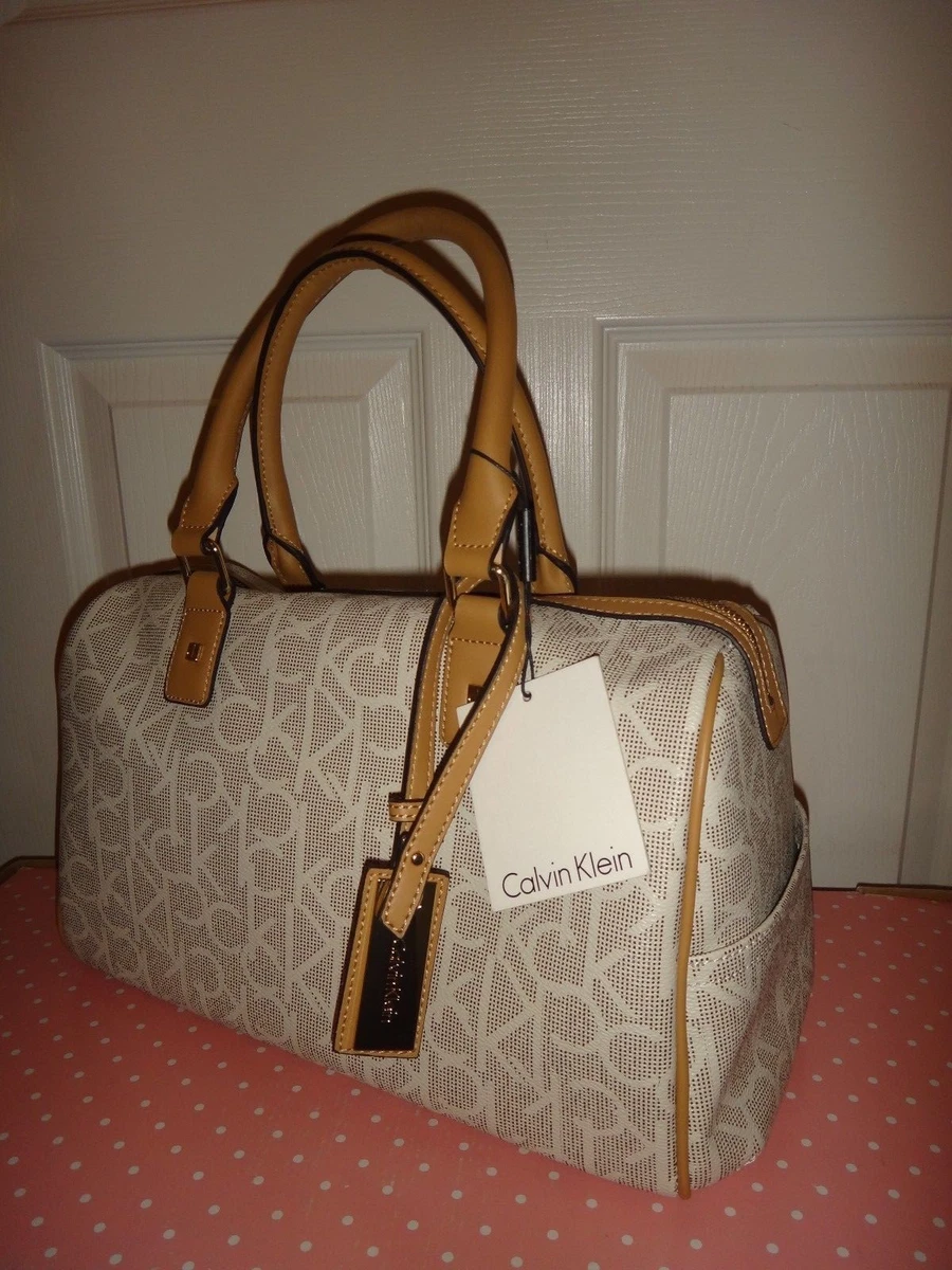 CALVIN KLEIN Women's CK Signature Satchel Bag Purse White Vanilla PVC Beige  Gold 190466274852