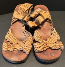 Vtg 1970 s Wooden Wedge Leather Huarache Sandals Sz 9