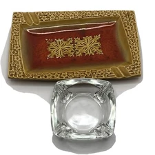 Vintage  Painted  Ceramic Glass Ash Trays and Crystal Square Ash Tray.        C2