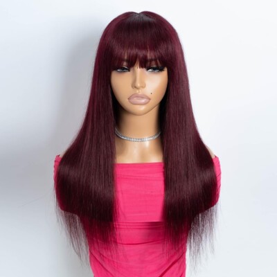 99J Burgundy 20'' Straight Wig with Bangs Human Hair Glueless