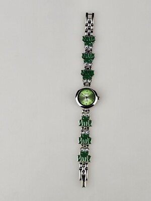 Silver and Green Google Eyes Frog Link Watch Kessaris Green Sunburst Googly Eye Frog Green Silver Tones  main image 4
