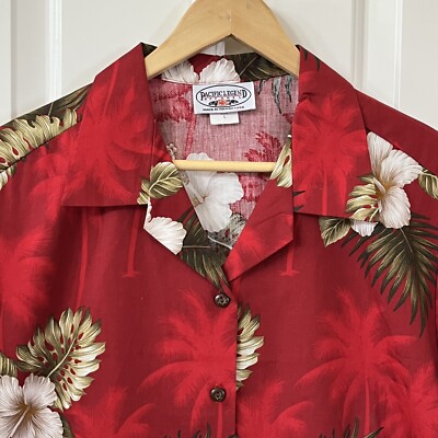 Pacific Legend Apparel Shirt Womens Large Red Hibiscus Hawaiian Tropical USA