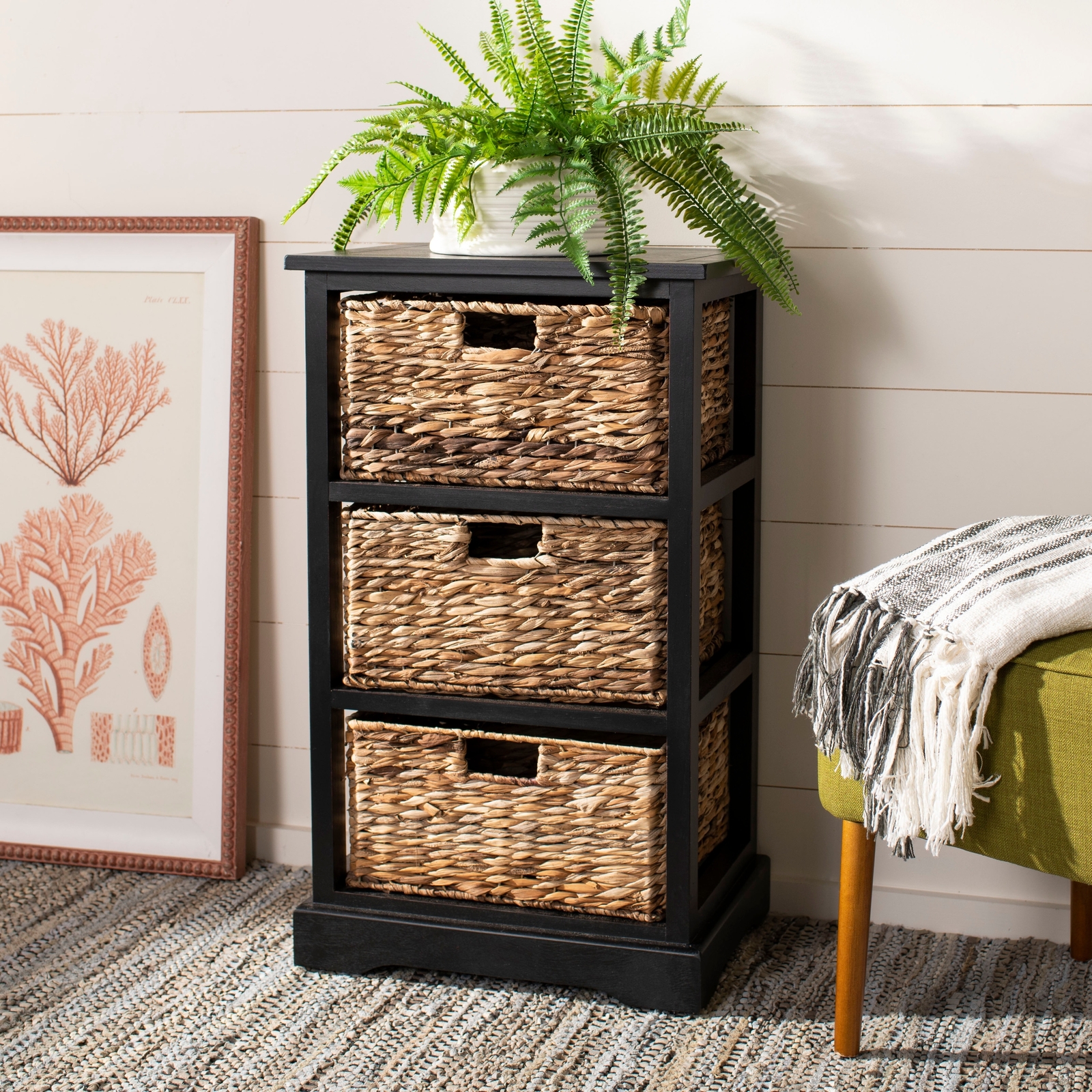 SAFAVIEH Halle Distressed Black 3 Wicker Basket Storage Unit Distressed 17.3