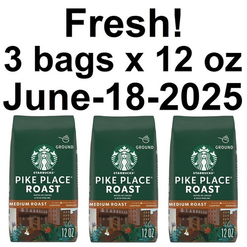 3 Pack Fresh 12oz Lot Starbucks Pike Place Ground 100% Arabica Coffee June 2025