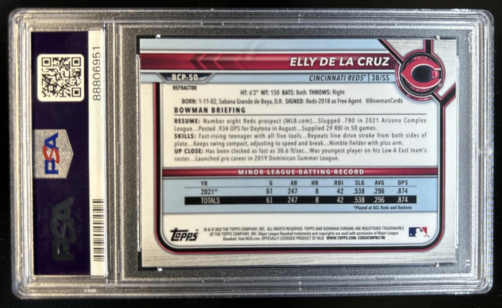 2022 Bowman Elly De La Cruz Chrome Refractor 1st Prospect #/499 Reds PSA 10 view 2