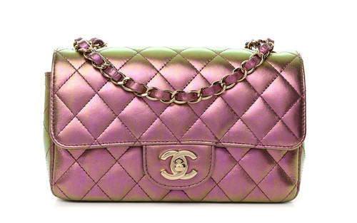 Authentic Chanel Pink Iridescent Lambskin Quilted Mini Rectangular Flap Bag