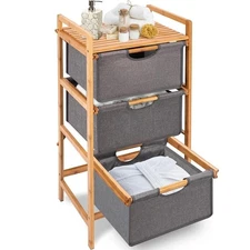 SereneLife 3 Tier Bamboo Shelf w/ Storage Hamper-Laundry Organizer Cabinet