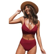 Cupshe Red Solid Twist Top Spliced High Waist Bikini Set 2 Piece Swimwear Medium