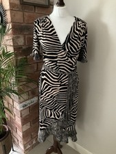 Oasis dress Faux Wrap Dress Size M 12 Black Beige Pattern Frill Stretchy