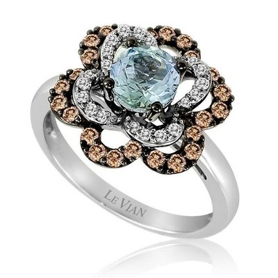 LeVian 14K Weißgold Blumen Ring für Sie mit Aquamarin & rundem braunem Diamanten