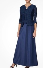 Alex Evenings Navy Blue Embroidered Lace Mock Two-Piece Gown Jacket Size 6
