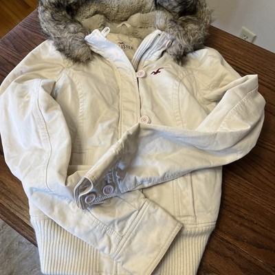 HOLLISTER Womens Hooded Bomber Jacket Faux Fur Lined White L Coat Y2K Bella Swan