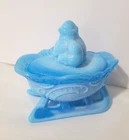 Blue Shades Glass Santa on Sleigh Nesting Covered Dish Box Vintage Nest