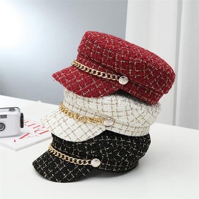 Damen Tweed Plaid Newsboy Hat Flat Top Visor Schirmmütze Metallkette