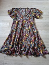 Boohoo Black Floral Frilled Silky Flared Midi Dress Boho Smart Holiday UK20