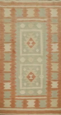 Southwestern Kilim Green Rug 3x5 Flat-weave Carpet with Warm Earth Tones