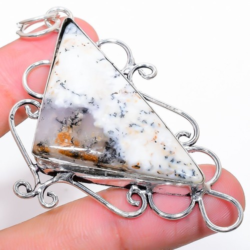 Dendrite Opale Gemma Fatto a Mano 925 Argento Sterling Ciondolo Gioielli 7.4cm