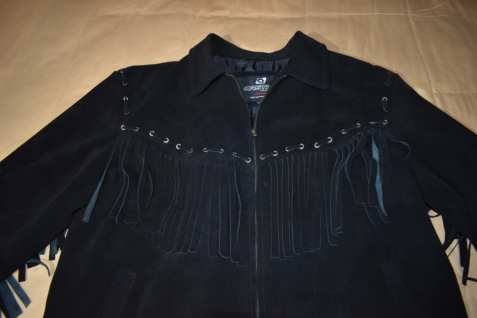 麂皮流苏黑色麂皮绒皮夹克,尺寸 2XL — 第 3/4 张图片