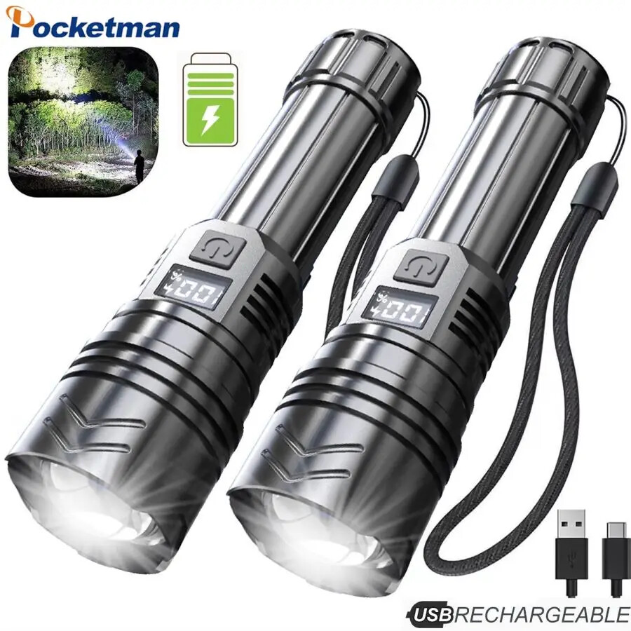 1-2 Pcs Powerful LED Flashlight USB Rechargeable 3 Modes Flashlights