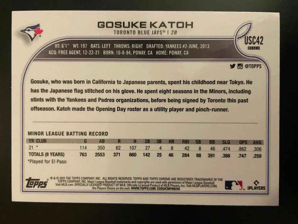 Gosuke KATOH RC 2022 Topps Chrome Update Series #USC42 Toronto Blue Jays - Image 2 of 2
