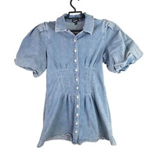 Womens Express Blue Denim Corset Mini Shirt Dress Puff Sleeve Button Up Size L