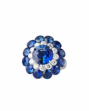 Beautiful Floral Vivid Blue Lab Created Sapphire Double Halo Style Women's Ring