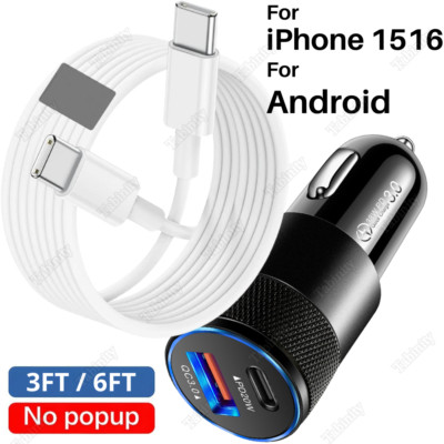 For iPhone 15 16 iPad Pro Android USB C Type C Fast Charger Cord 38W Car Adapter
