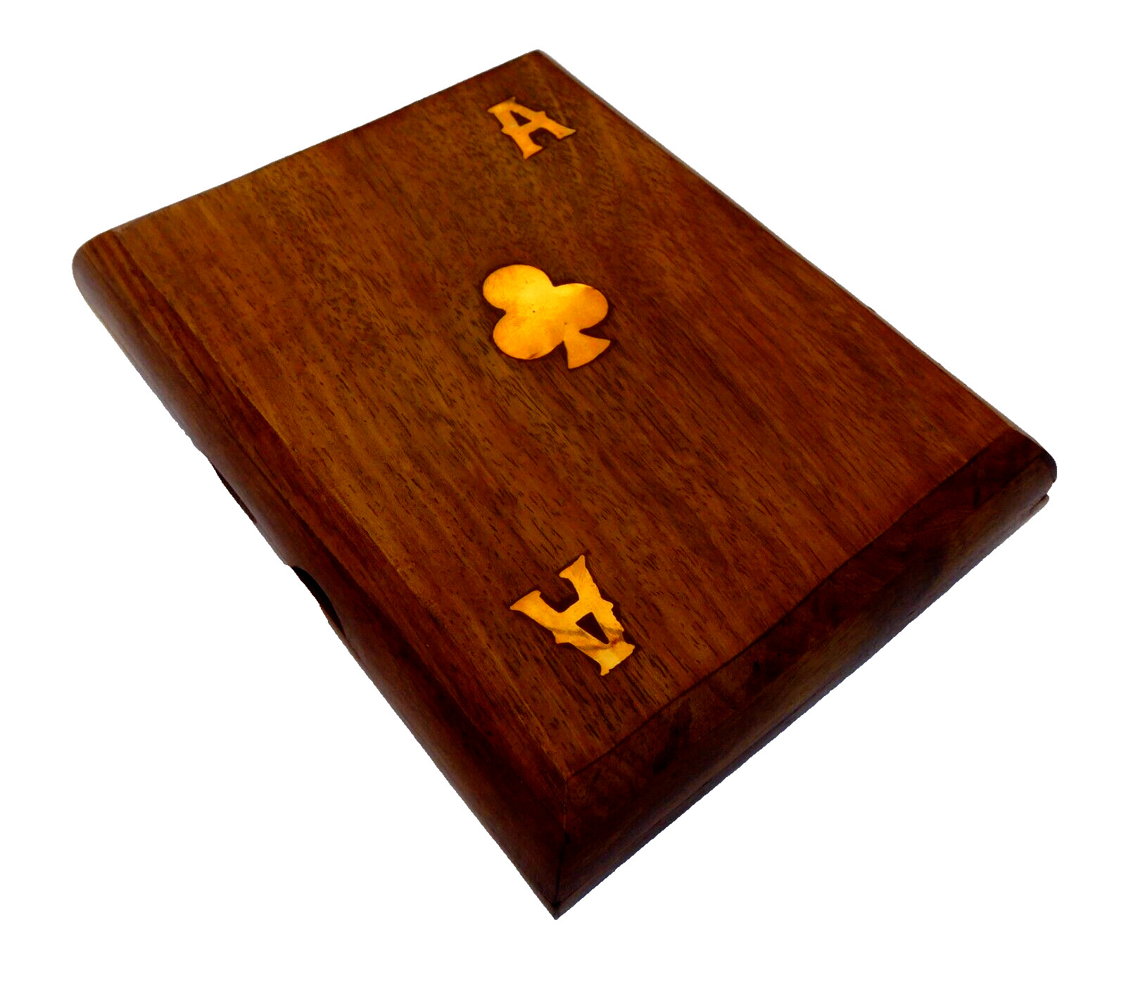 WOODEN PLAYING CARD BOX WITH TWO PACKS OF CARDS - BRASS INLAY TOP IN ACE DESIGN