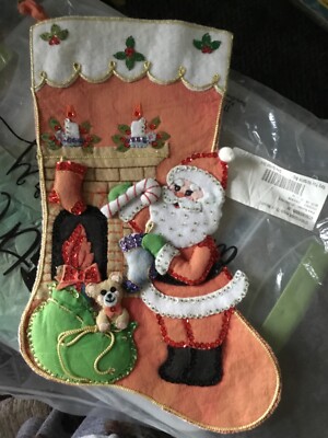 NEW Handmade 18'' Bucilla Santa by Fireplace Felt Stocking