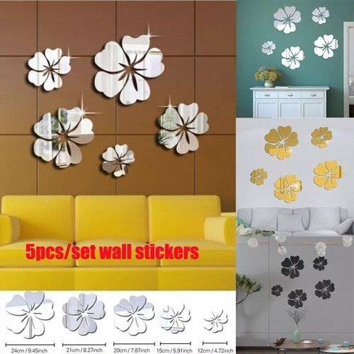 3D Mirror Wall Sticker Flower Decal Removable Art Mural Home Room Decor 5pcs - Picture 1 of 12