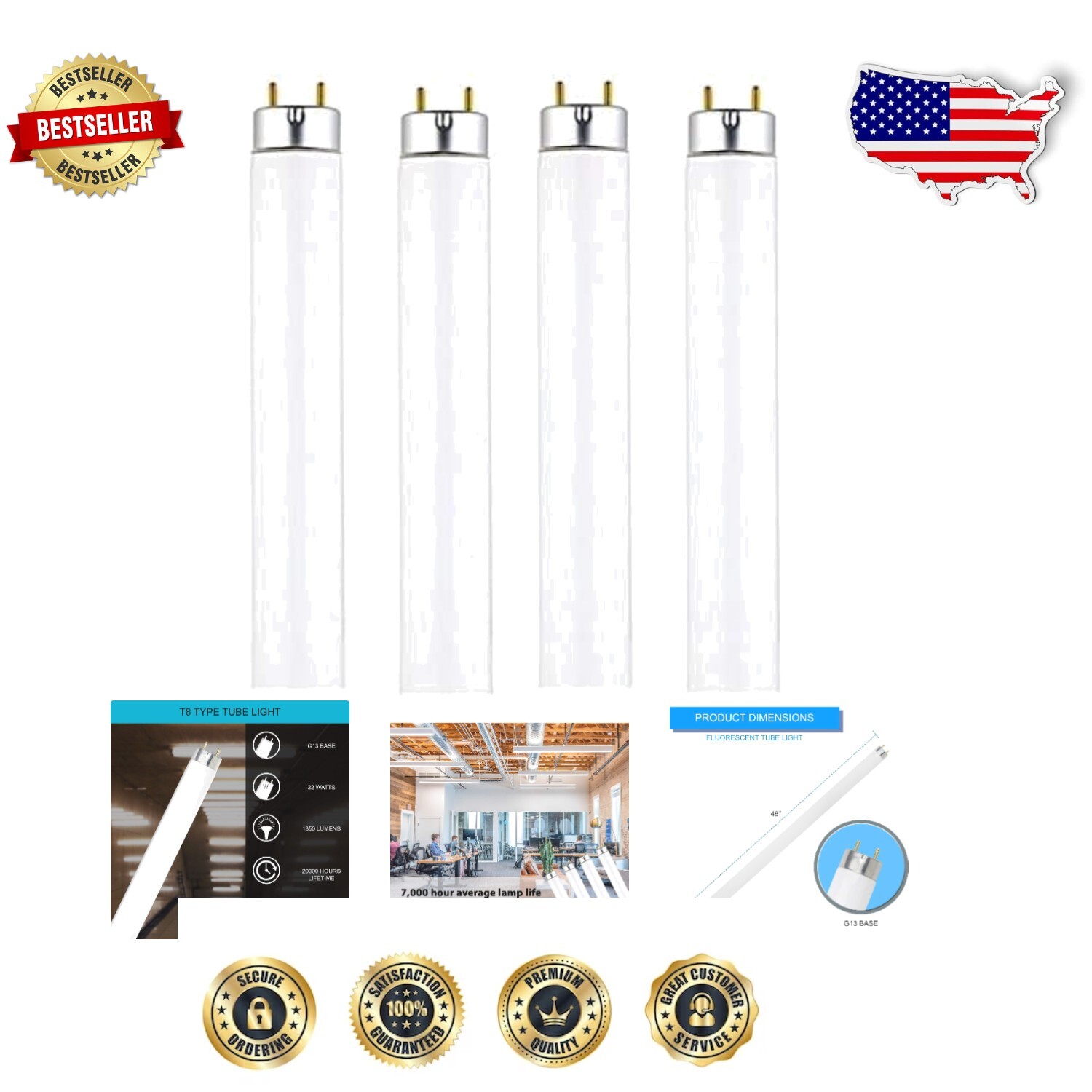 Versatile G13 T8 32W Fluorescent Tube Light - 6500K, 4-Pack, Easy Install