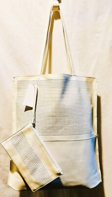 SAKS FIFTH AVENUE WHITE CREME Faux Leather Shopper Handbag Tote bag + pouch