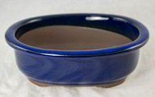 Japanese Yokkaichi Royal Blue Oval Bonsai Pot, Cactus Planter + Mesh  7" - 9.5"